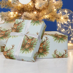Ländlicher Waldhirschkopf mit Winterlaub - Geschenkpapier