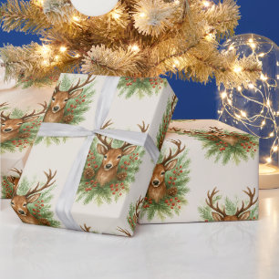 Ländlicher Waldhirschkopf mit Winterlaub -  Geschenkpapier