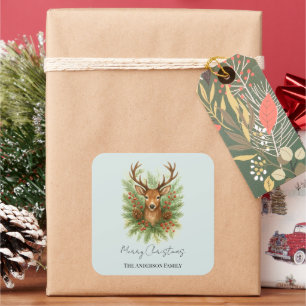 Ländlicher Waldhirschkopf mit Winterlaub - Quadratischer Aufkleber