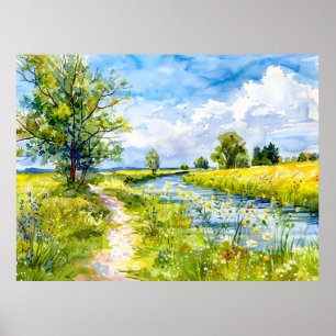 Ländlicher Weg zum Fluss Havelland Aquarell Poster
