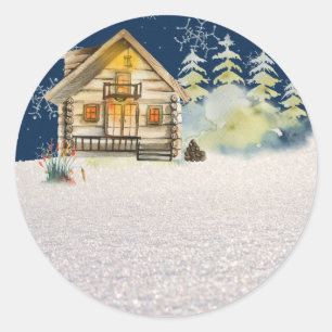 Ländlicher Weihnachtsabend Blockhütte Wald Bäume S Runder Aufkleber