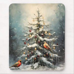 Ländlicher Weihnachtsbaum Schnee Rot Vögel  Mousepad