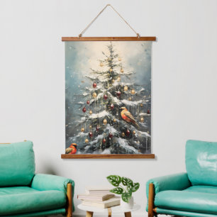 Ländlicher Weihnachtsbaum Schnee Rot Vögel  Wandteppich Mit Holzrahmen
