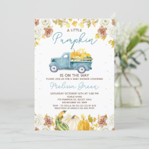Ländliches Blau Braun Herbst-Kürbis-LKW-Baby-Party Einladung