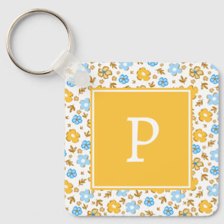 Ländliches Blau Gelb Frühlings-Blumen-Monogramm Schlüsselanhänger