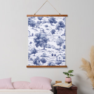 Ländliches Blau Landtoile-Muster Wandteppich Mit Holzrahmen