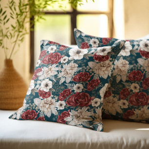 Ländliches Burgunder-Rosa Teal Blumenmuster Kissen