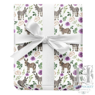 Ländliches Esel-Blumenmotiv Lila Geschenkpapier