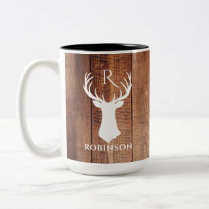 Ländliches Familienmonogramm Holzstil Hirschgeweih Zweifarbige Tasse