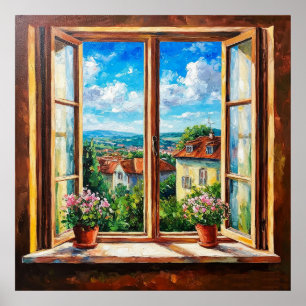 Ländliches Fenster mit Blick auf eine bunte Landsc Poster