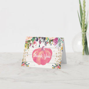 Ländliches Florales Herbst-Kürbis Rosa Gold Glitte Dankeskarte