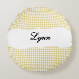 Ländliches Gelb Gingham Personalisierter Name Rundes Kissen