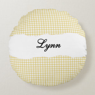 Ländliches Gelb Gingham Personalisierter Name Rundes Kissen