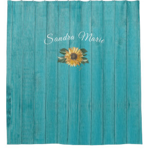 Ländliches Gelbgold Sonnenblume Blaugrün Holz Duschvorhang