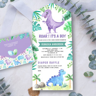 Ländliches Grün Süßer Lila Dinosaurier Babyparty All In One Einladung