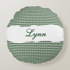 Ländliches grünes Gingham personalisierter Name Rundes Kissen