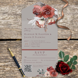 Ländliches Herbst-Rust-Blumenmuster Grau QR-Code All In One Einladung