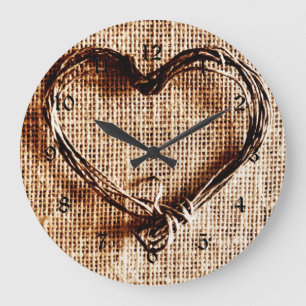 Ländliches Herz aus Bindfaden auf Jute-Leinen-Druc Große Wanduhr