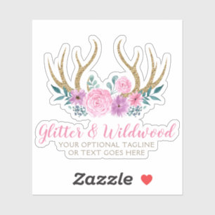 Ländliches Holz & Aquarell Blumen Geweih Boho Logo Aufkleber
