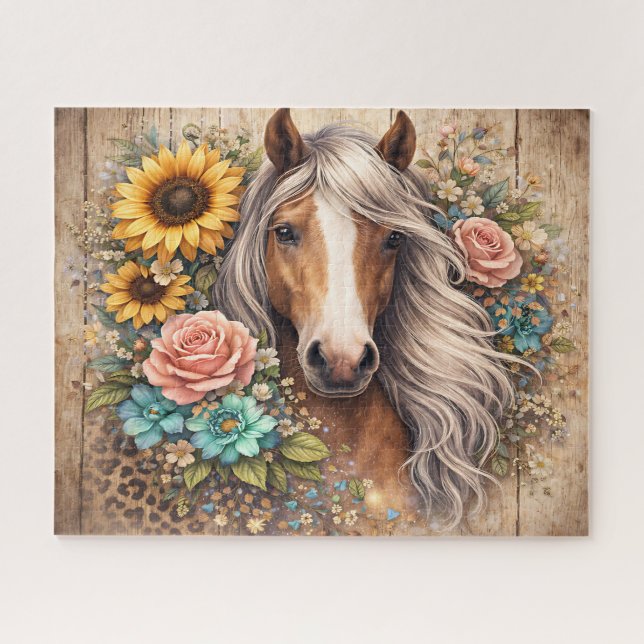 Ländliches Pferd mit Blumen (Horizontal)