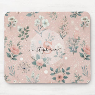 Ländliches rosa Blumenmuster mit weißen Blüten und Mousepad