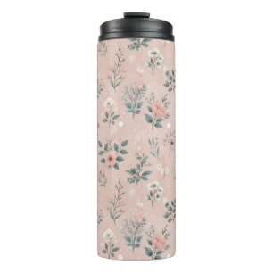 Ländliches rosa Blumenmuster mit weißen Blüten und Thermosbecher