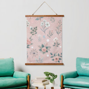 Ländliches rosa Blumenmuster mit weißen Blüten und Wandteppich Mit Holzrahmen