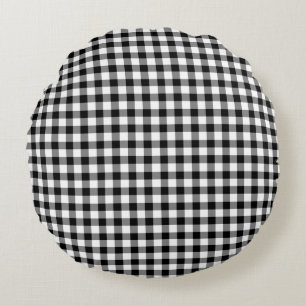 Ländliches Schwarz-Weiß-Gingham-Karomuster Rundes Kissen