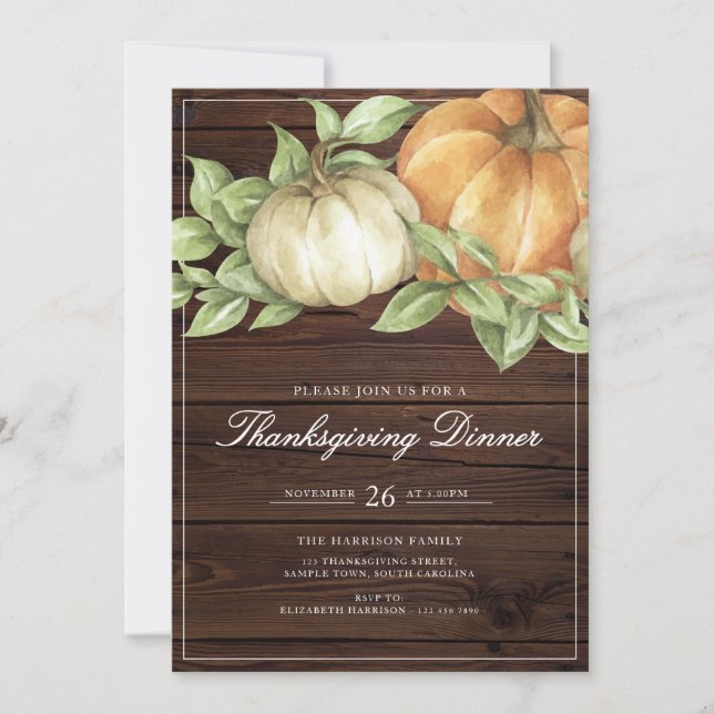 Ländliches Thanksgiving-Kürbis-Dinner Einladung (Vorderseite)