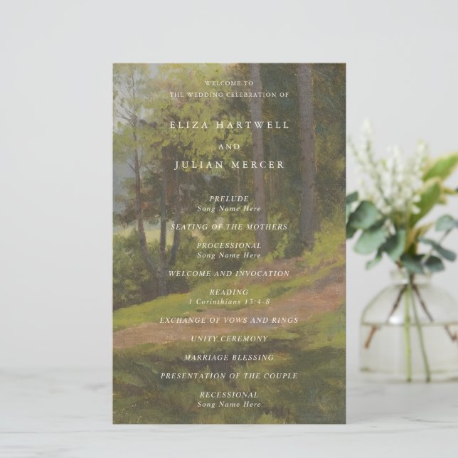 Ländliches Wald-Elegantes Hochzeitsprogramm (Stehend Vorderseite)