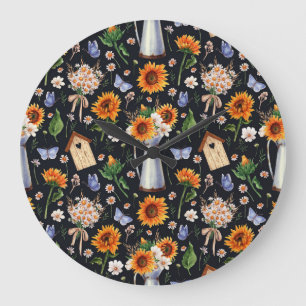 Ländliches Wasserfarben-Sonnenblumenmuster in sonn Große Wanduhr