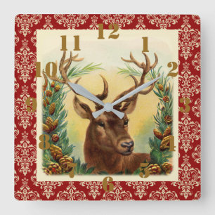 Ländliches Weihnachten Hirsch Elegant Verziert Quadratische Wanduhr