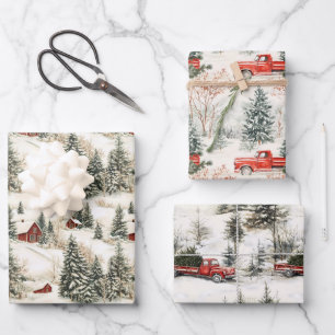 Ländliches Weihnachtsfest Roter LKW und Dorf Geschenkpapier Set
