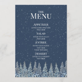 Ländliches Winterwald-Hochzeitsmenü in Blau Menükarte