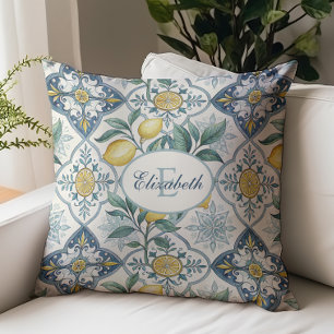 Ländliches Zitronenmuster mit Monogramm und Namen  Kissen