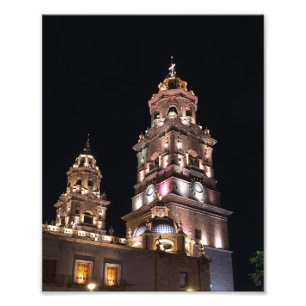 Landmark Morelia-Kathedrale Türme bei Nacht Fotodruck