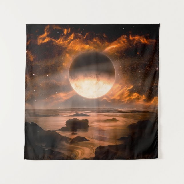 Landscape in fantasy alien planet with flaming moo wandteppich (Vorderseite)