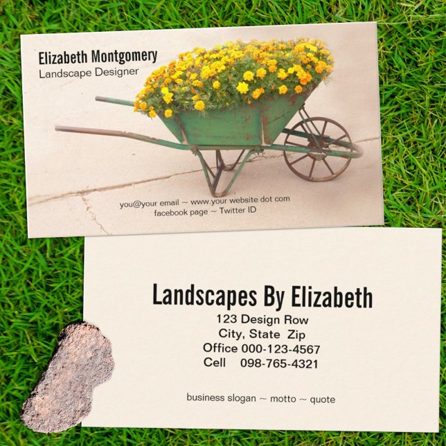 Landscaper Vintag Wheelbarrow Marigold Blume Visitenkarte (Von Creator hochgeladen)