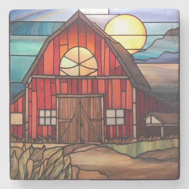 Landschaft aus verkettetem Glas Roter Rustikaler S Steinuntersetzer (Vorderseite)