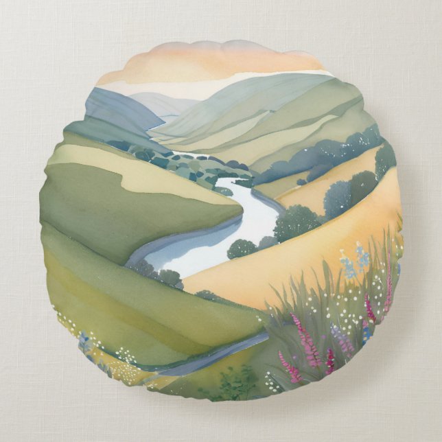 Landschaft der Rollhügel | Wasserfarbe Schöne Rundes Kissen (Vorderseite)