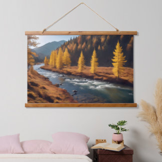 Landschaft des Flusses im Wald im Frühjahr Wandteppich Mit Holzrahmen