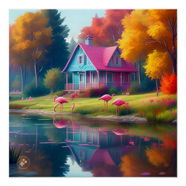Landschaft des Sees, der Hütte und Flamingos Poster (Vorderseite)
