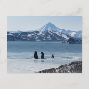 Landschaft: drei felsige Inseln in Bucht und Vulka Postkarte
