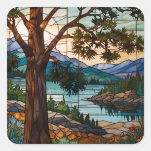 Landschaft einer rustikalen Bergkette in Buntglas Quadratischer Aufkleber