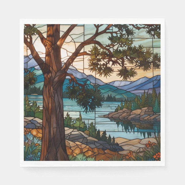 Landschaft einer rustikalen Bergkette in Buntglas Serviette (Vorderseite)