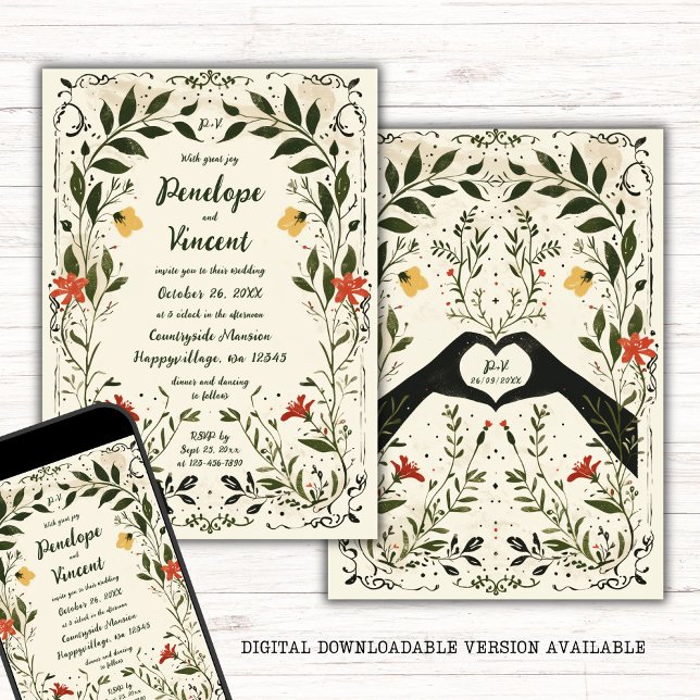 Landschaft handgeschriebene Boho Floral Wedding Einladung (Von Creator hochgeladen)