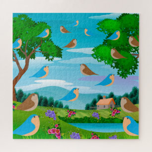 Landschaft Haus Bäume Vögel Blumen Natur, Alter 10