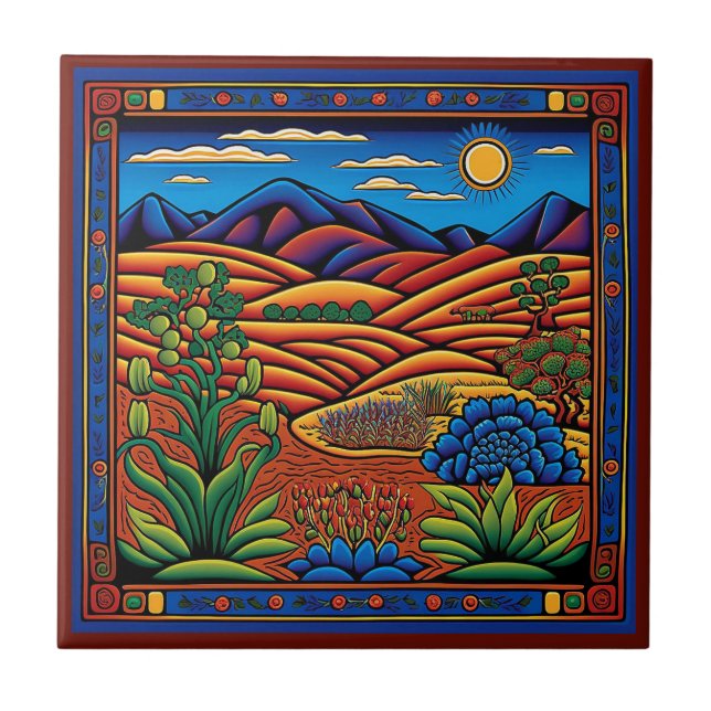 Landschaft im mexikanischen Huichol-Stil Keramik K Fliese (Vorderseite)