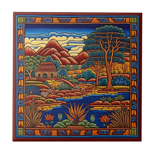 Landschaft im mexikanischen Huichol-Stil Keramik K Fliese (Vorderseite)