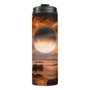 Landschaft in fantasievoller Alien mit flammendem  Thermosbecher